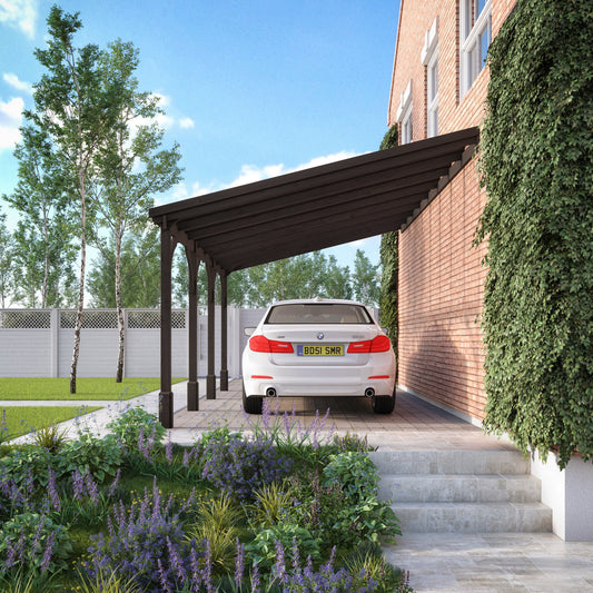 Carport | Timber Carport | Polycarbonate Roof | Wall Mounted Vehicle Shelter | Rustic Brown | 2.5m Depth x 7.22m Width