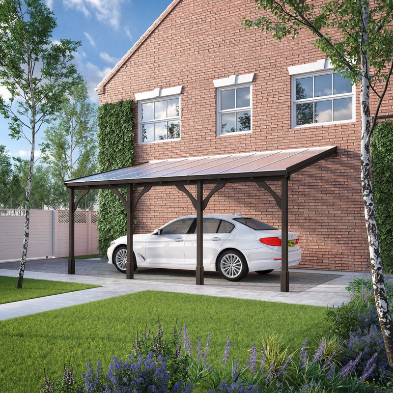 Wall Mounted Polycarbonate Roof Carport - Rustic Brown - 4.5m Depth x 7.22m Width