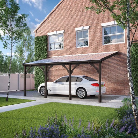 Carport | Timber Carport | Polycarbonate Roof | Wall Mounted Vehicle Shelter | Rustic Brown | 2.5m Depth x 6.5m Width