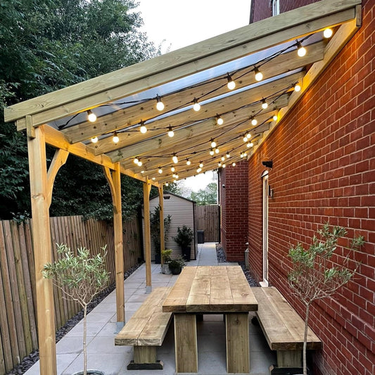 Timber Polycarbonate Roof | Wall Mounted Garden Shelter | Light Green | 2m Depth x 6.5m Width
