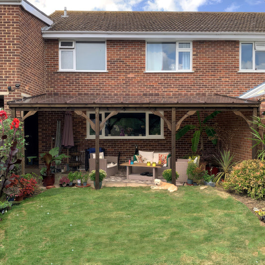 Timber Polycarbonate Roof | Wall Mounted Garden Shelter | Rustic Brown | 2m Depth x 6.5m Width