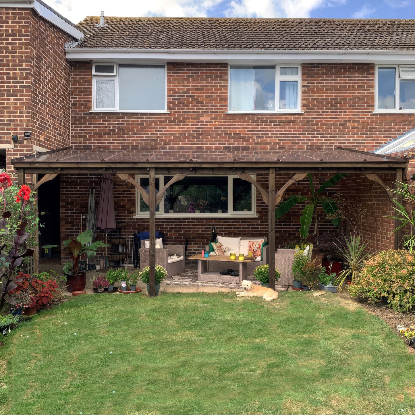 Wall Mounted Polycarbonate Roof Gazebo - Rustic Brown - 3m Depth x 7.22m Width