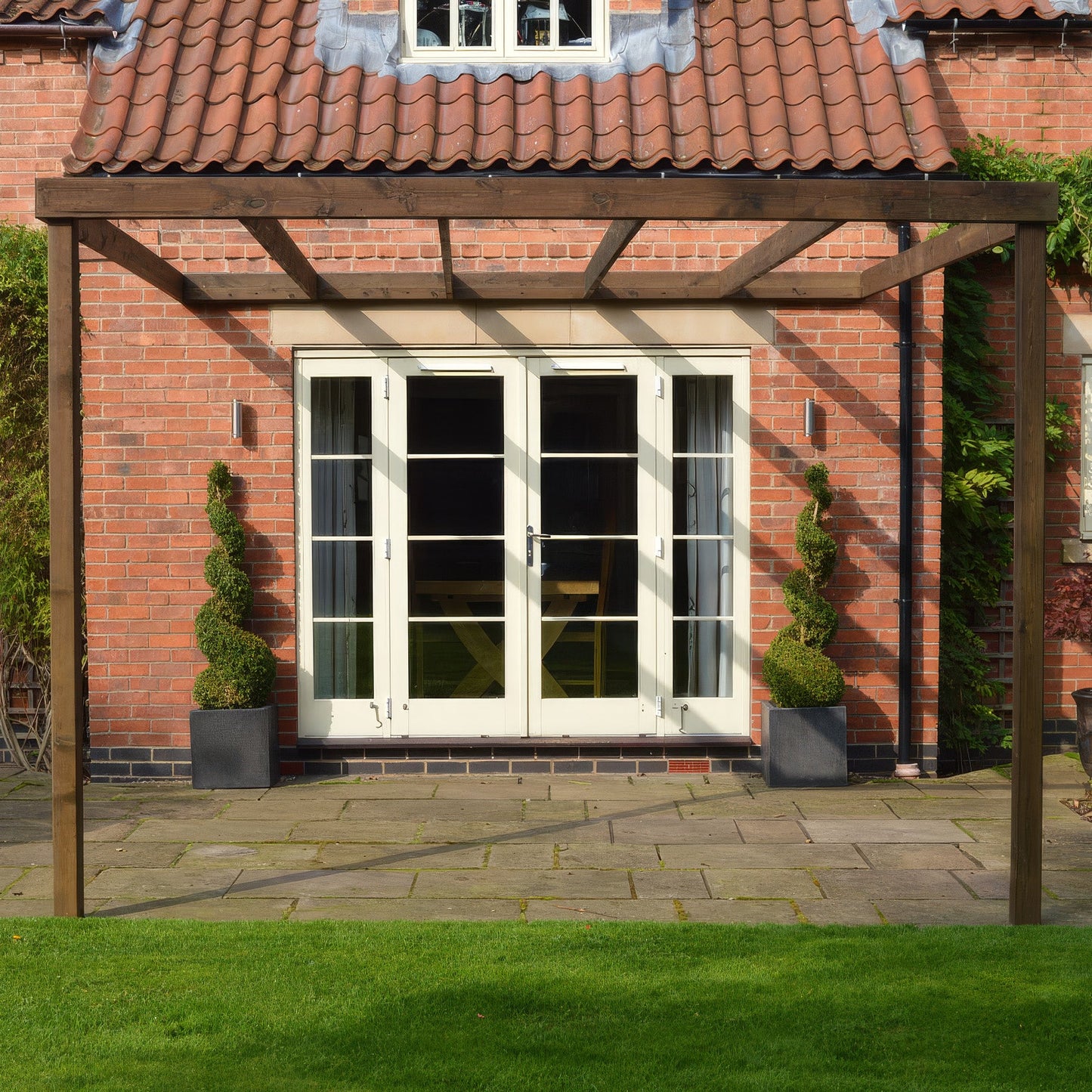 Wall Mounted Box Pergola - Rustic Brown - 1.8m Depth x 7.2m Length
