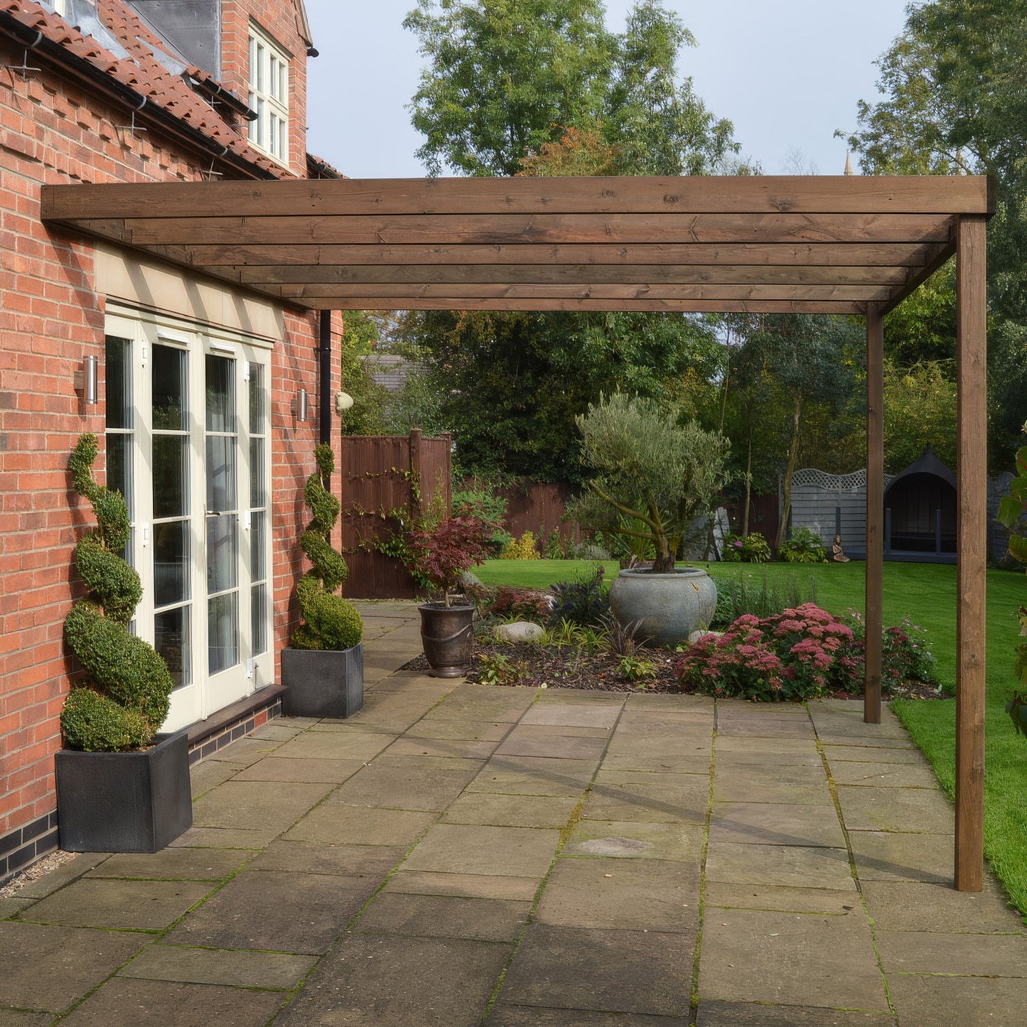 Wall Mounted Box Pergola - Rustic Brown - 1.8m Depth x 3m Length