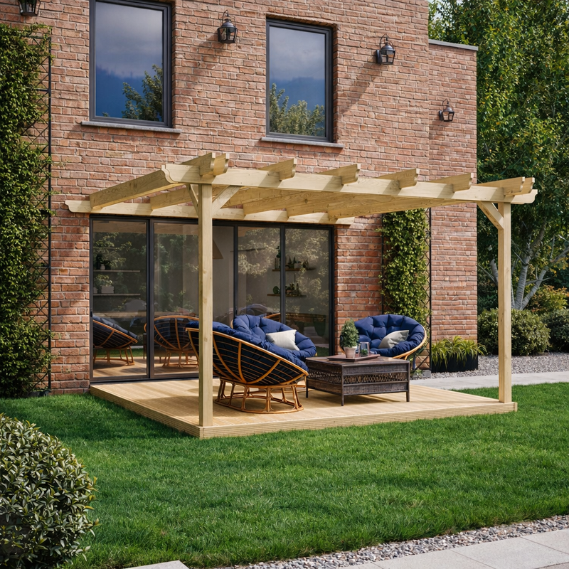 Wall Mounted Double Garden Pergola with Decking - Light Green - 3m Depth x 3m Length