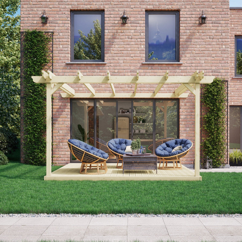 Wall Mounted Double Garden Pergola with Decking - Light Green - 3.6m Depth x 3.6m Length