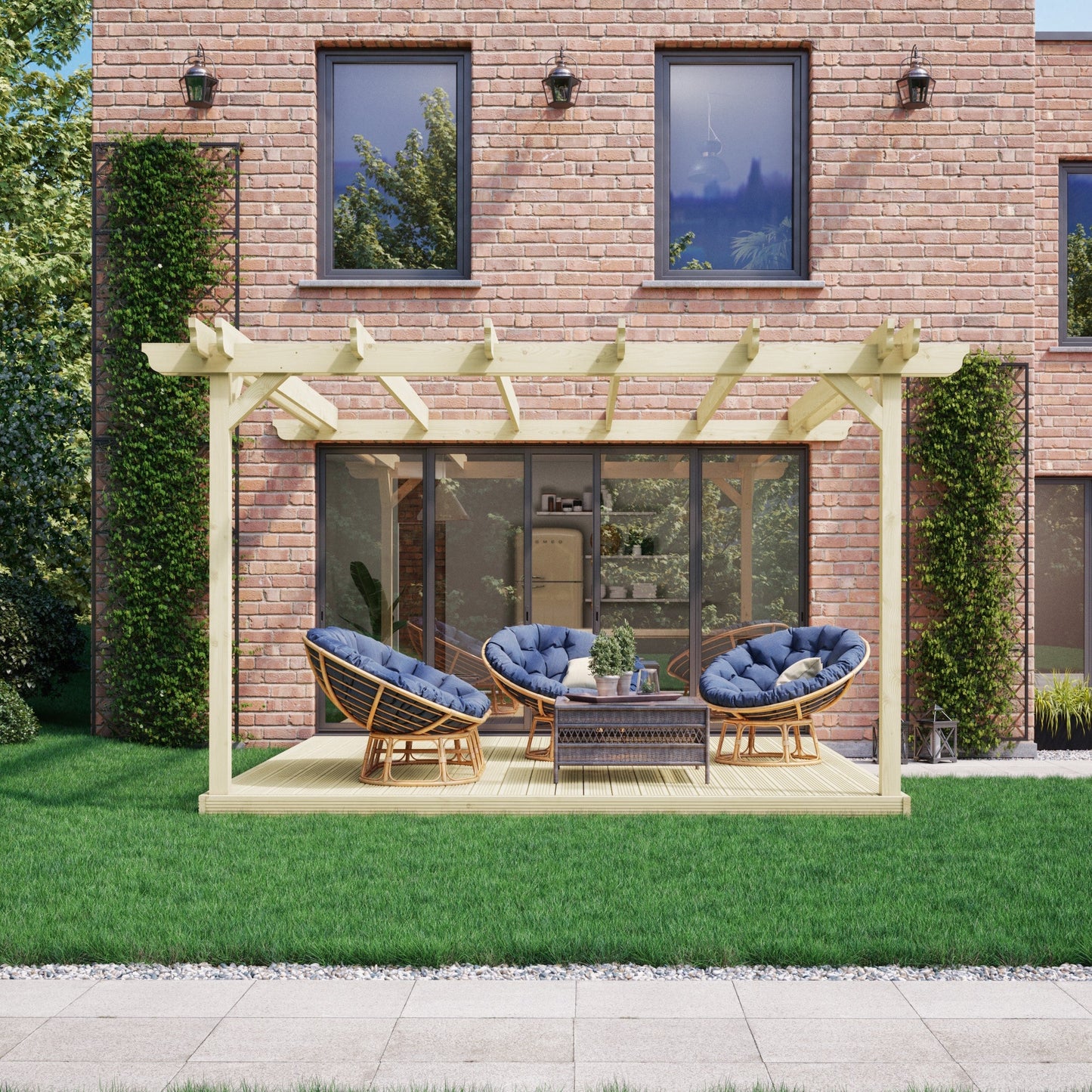 Wall Mounted Double Garden Pergola with Decking - Light Green - 3m Depth x 3m Length