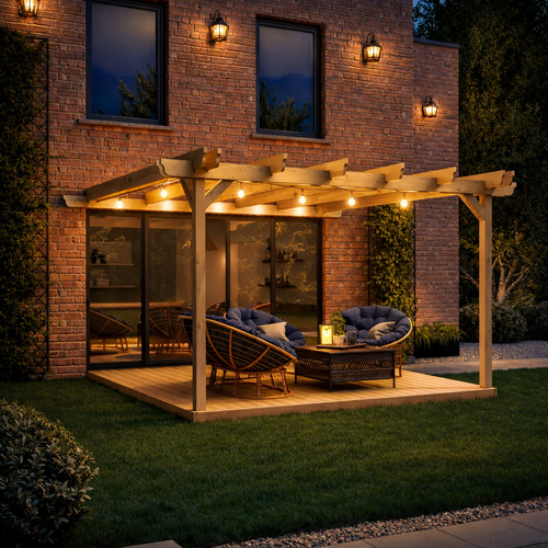 Wall Mounted Double Garden Pergola with Decking Kit | Timber | Multiple Sizes