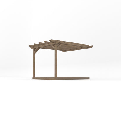 Wall Mounted Double Garden Pergola with Decking - Rustic Brown - 3m Depth x 3m Length