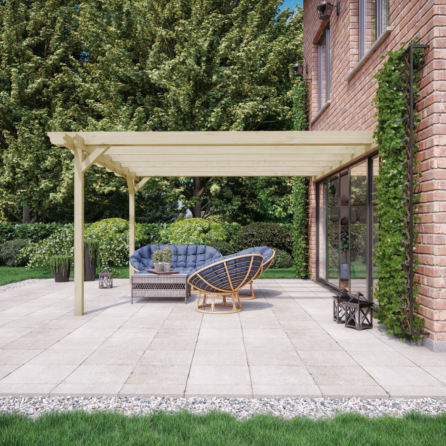 Wall Mounted Double Garden Pergola - Light Green - 3m Depth x 6.6m Length