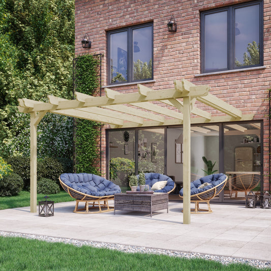 Veranda | Timber Double Garden Veranda | Wall Mounted Garden Structure | Open Slatted Roof | Light Green | 3m Depth x 4.2m Length