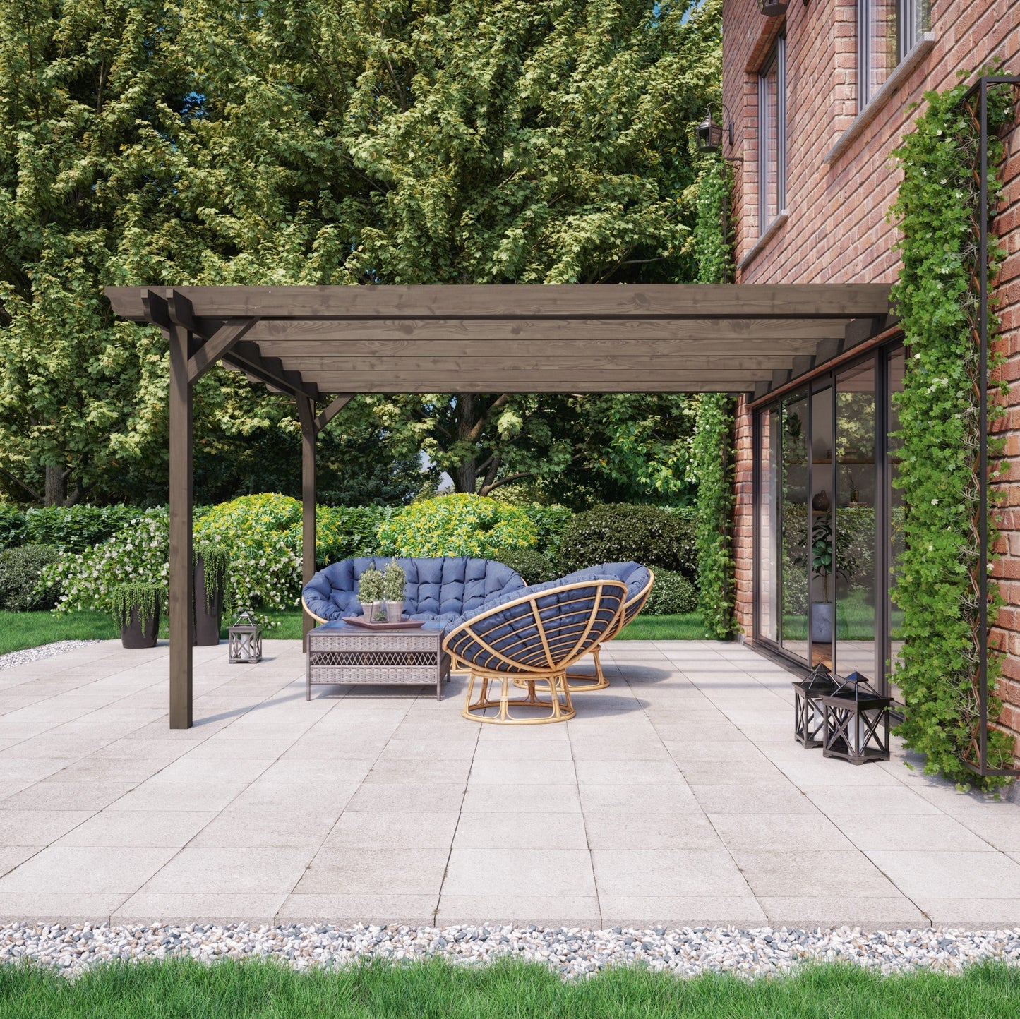 Wall Mounted Double Garden Pergola - Rustic Brown - 1.8m Depth x 2.4m Length