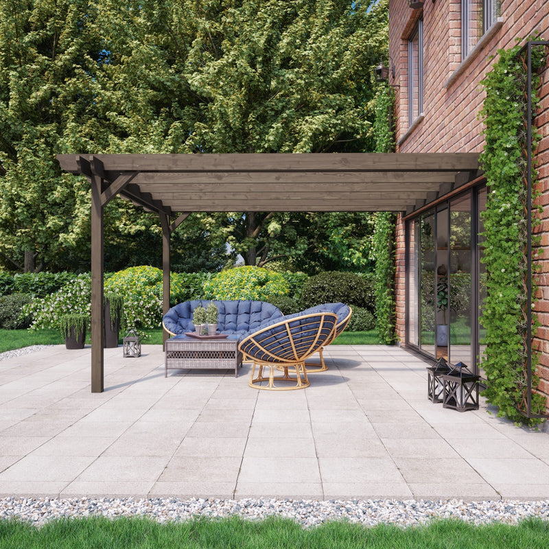 Wall Mounted Double Garden Pergola - Rustic Brown - 3.6m Depth x 7.8m Length