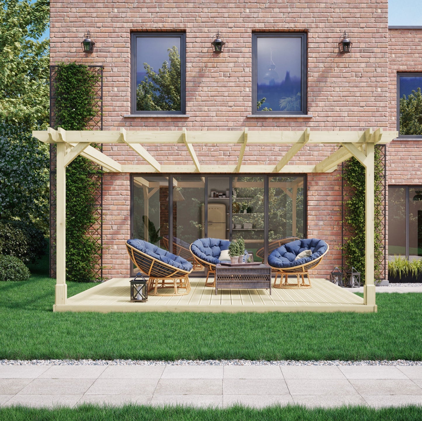 Wall Mounted Double Premium Pergola with Decking - Light Green - 3.6m Depth x 3.6m Length