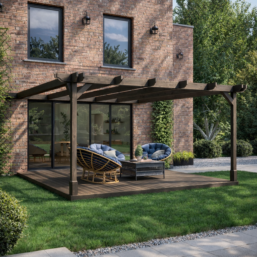 Wall Mounted Double Premium Pergola with Decking - Rustic Brown - 4.8m Depth x 4.8m Length