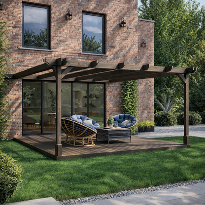 Wall Mounted Double Premium Pergola with Decking - Rustic Brown - 3m Depth x 3m Length