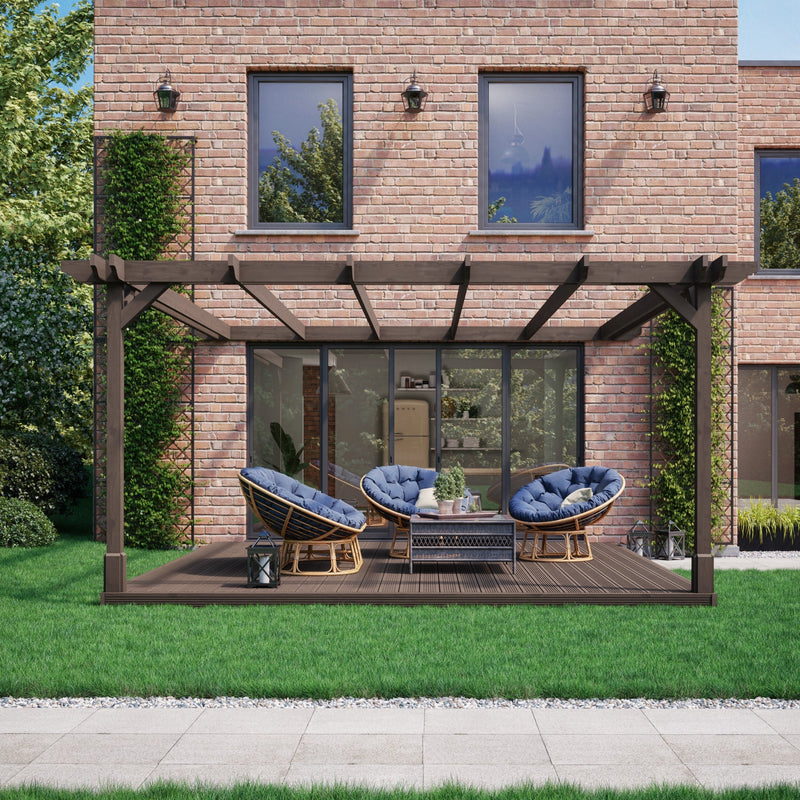 Wall Mounted Double Premium Pergola with Decking - Rustic Brown - 3m Depth x 3m Length