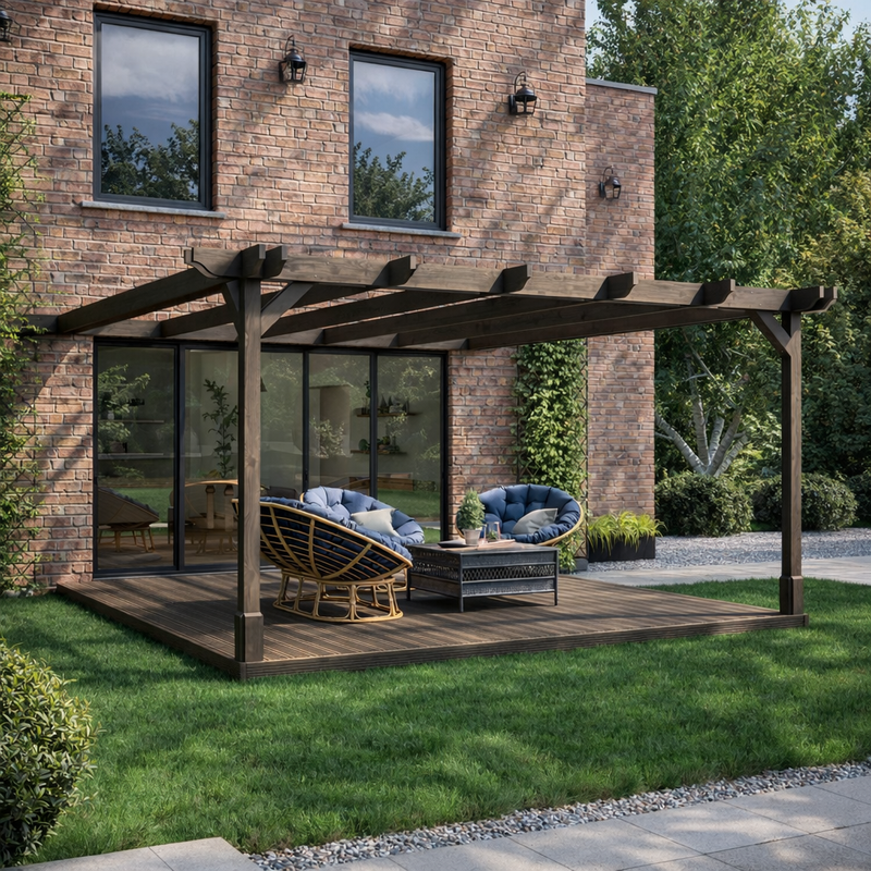 Wall Mounted Double Premium Pergola with Decking - Rustic Brown - 2.4m Depth x 2.4m Length