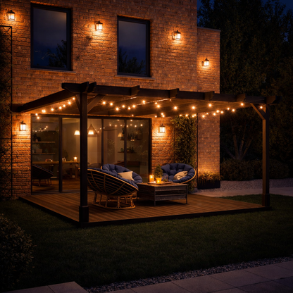 Wall Mounted Double Premium Pergola with Decking - Rustic Brown - 4.2m Depth x 4.2m Length