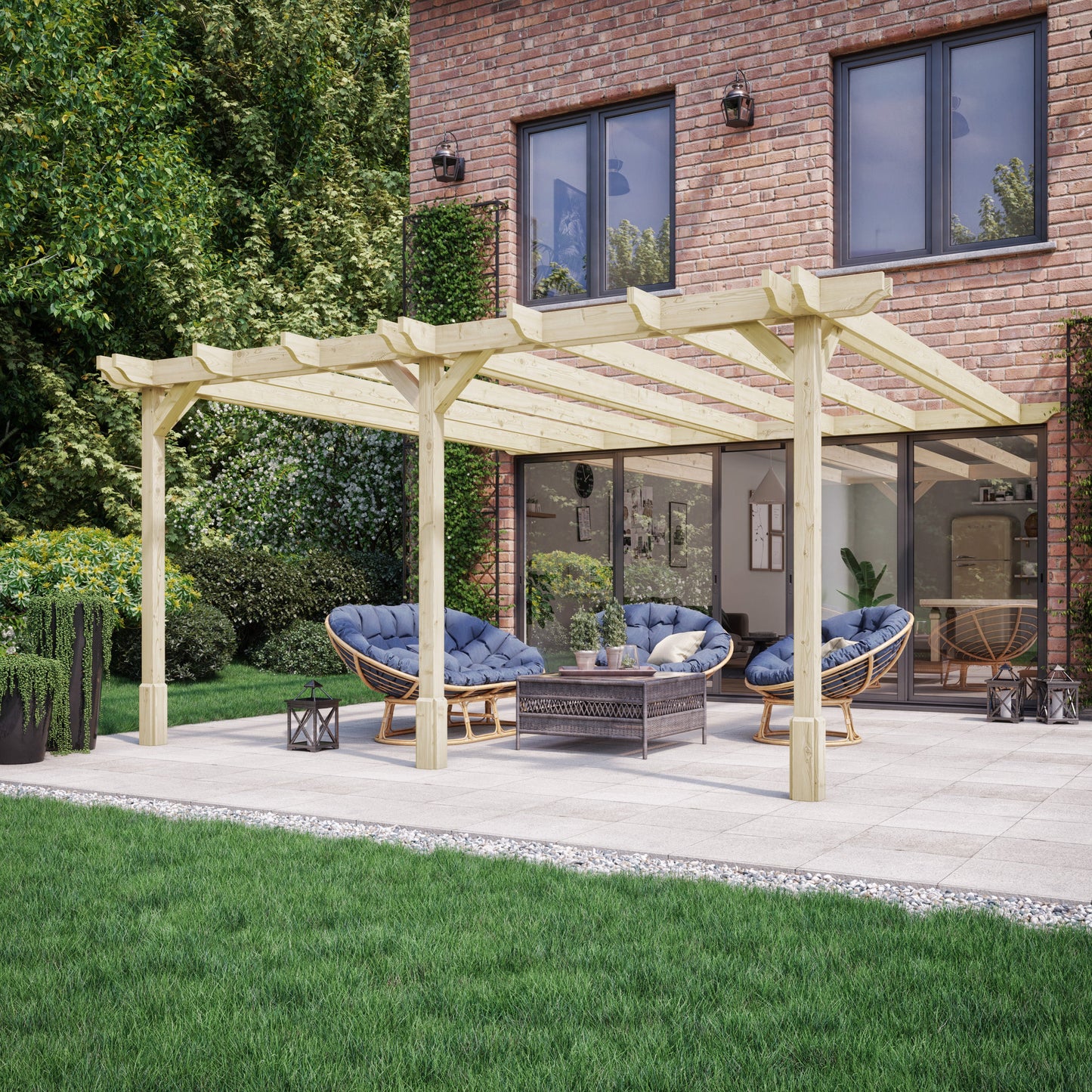 Wall Mounted Double Premium Pergola - Light Green - 3m Depth x 7.2m Length