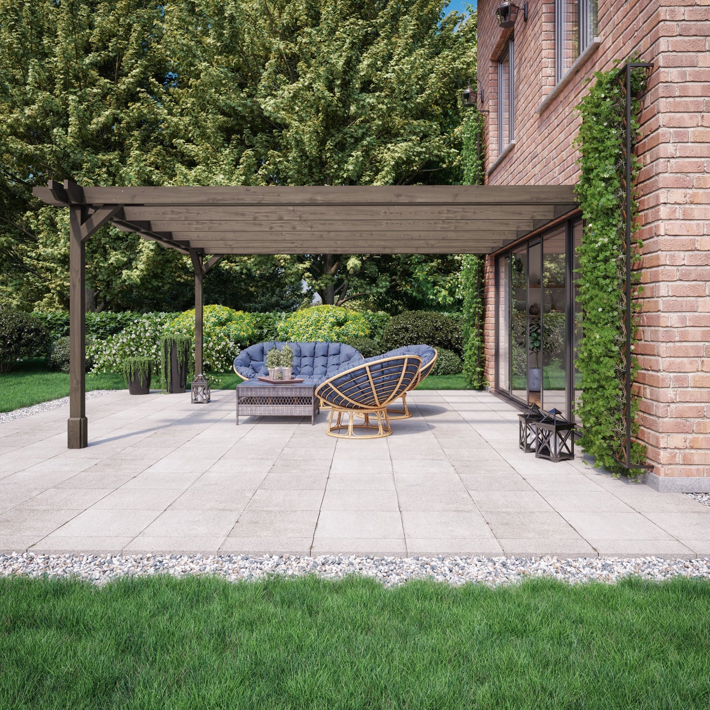 Wall Mounted Double Premium Pergola - Rustic Brown - 1.8m Depth x 6m Length