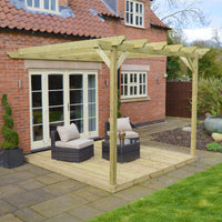 Veranda | Timber Garden Veranda | Integrated Decking Base | Wall Mounted Garden Structure | Light Green | 3m Depth x 3m Length
