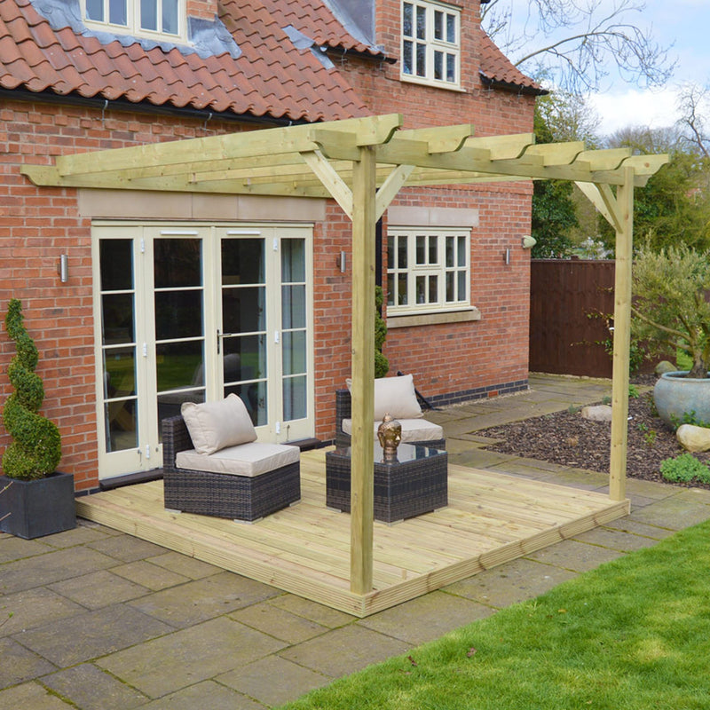 Wall Mounted Garden Pergola with Decking - Light Green - 3.6m Depth x 3.6m Length
