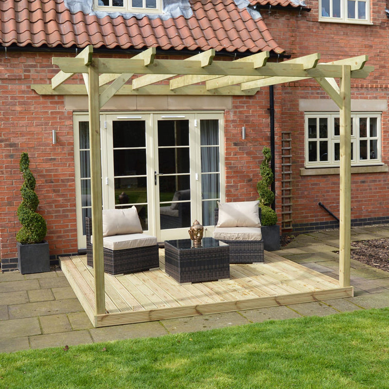 Wall Mounted Garden Pergola with Decking - Light Green - 3m Depth x 3m Length