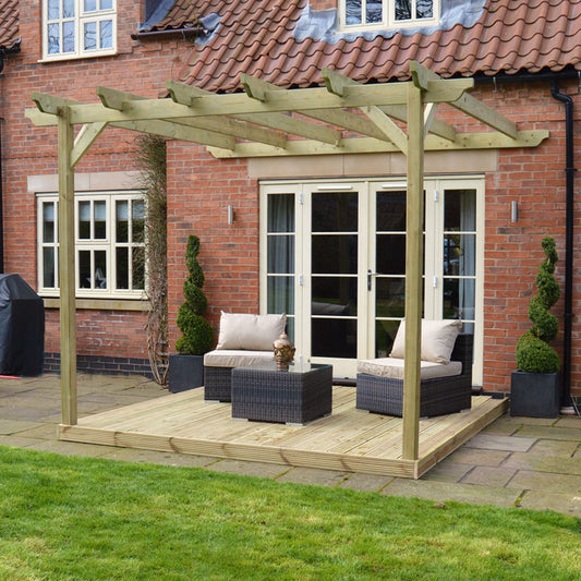 Veranda | Timber Garden Veranda | Integrated Decking Base | Wall Mounted Garden Structure | Light Green | 4.2m Depth x 4.2m Length