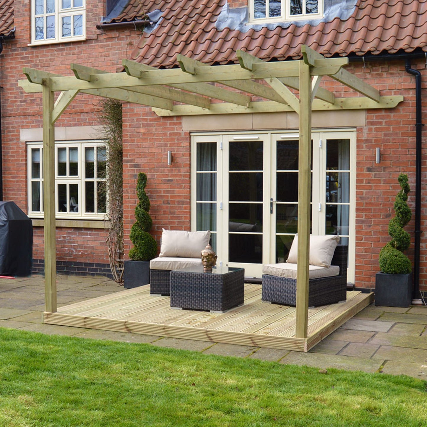 Wall Mounted Garden Pergola with Decking - Light Green - 3.6m Depth x 3.6m Length