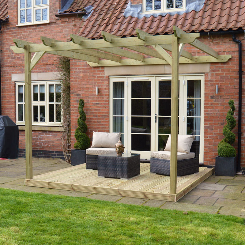 Wall Mounted Garden Pergola with Decking - Light Green - 2.4m Depth x 2.4m Length