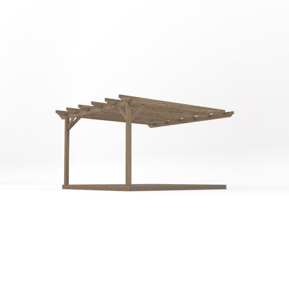 Wall Mounted Garden Pergola with Decking - Rustic Brown - 3.6m Depth x 3.6m Length