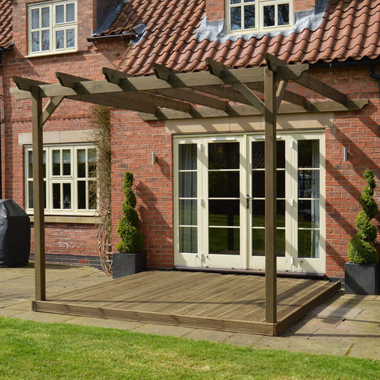 Veranda | Timber Garden Veranda | Integrated Decking Base | Wall Mounted Garden Structure | Rustic Brown | 4.8m Depth x 4.8m Length