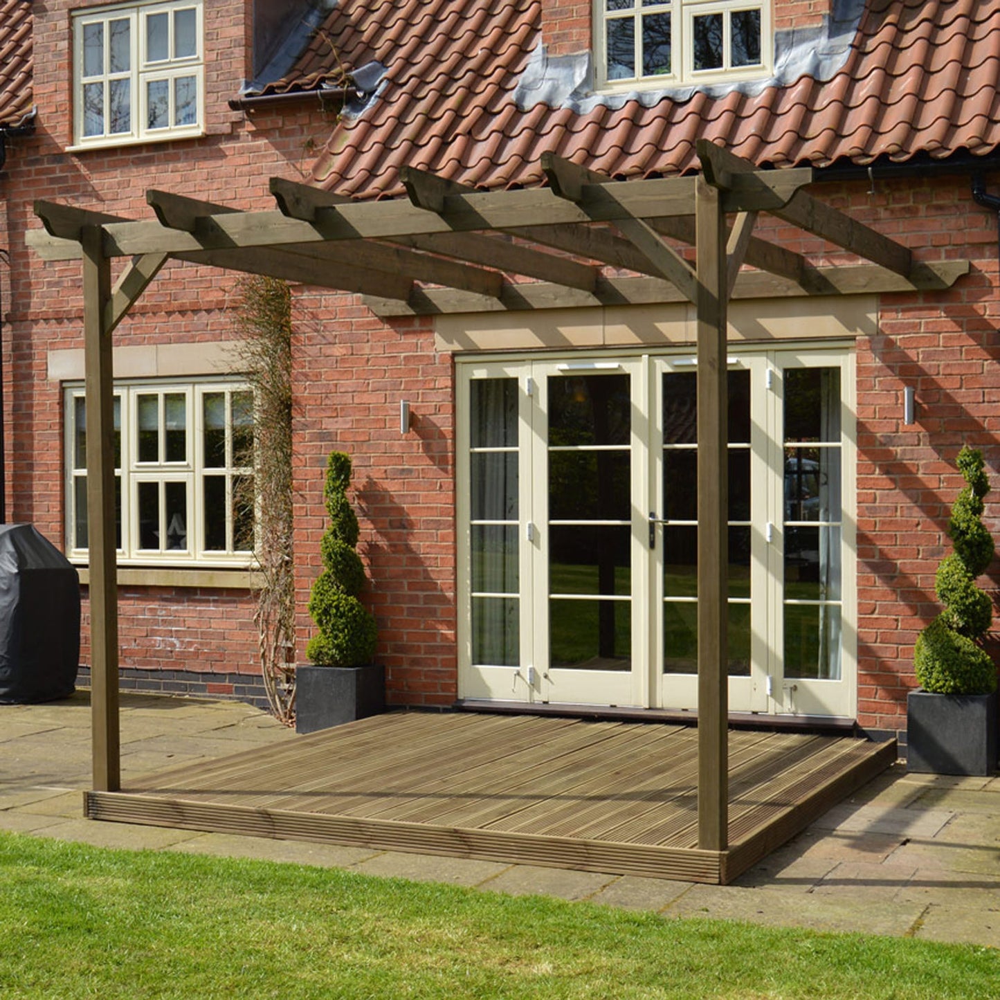 Wall Mounted Garden Pergola with Decking - Rustic Brown - 3m Depth x 3m Length