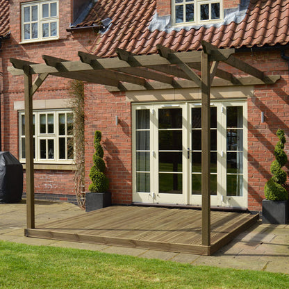 Wall Mounted Garden Pergola with Decking - Rustic Brown - 4.2m Depth x 4.2m Length