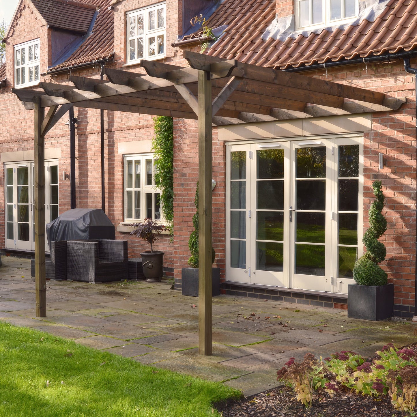 Wall Mounted Garden Pergola - Rustic Brown - 4.2m Depth x 4.2m Length