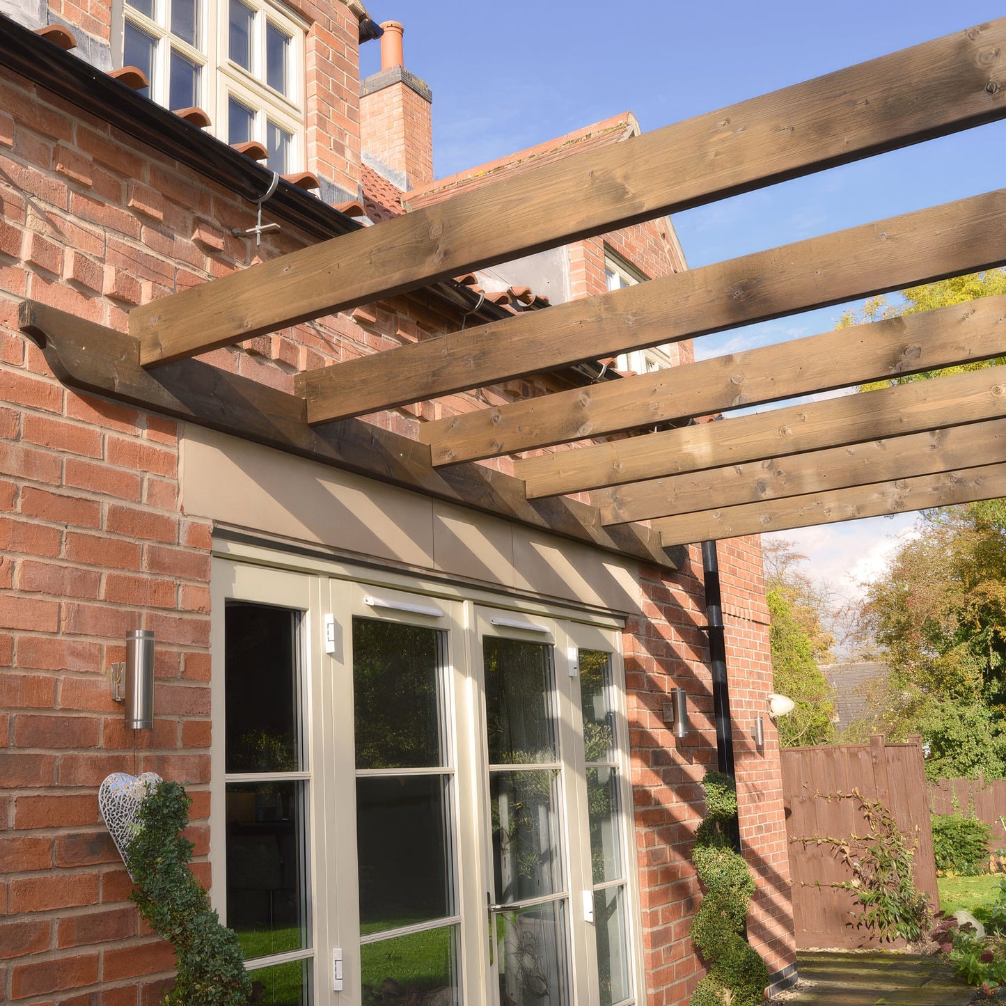 Wall Mounted Garden Pergola - Rustic Brown - 1.8m Depth x 4.2m Length