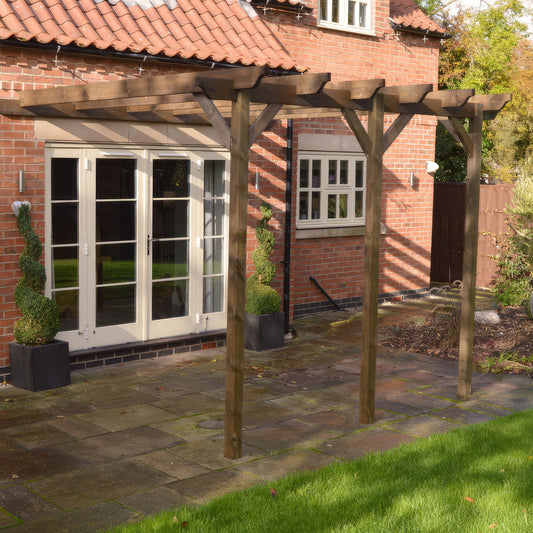 Veranda | Timber Garden Veranda | Wall Mounted Garden Structure | Open Slatted Roof | Rustic Brown | 3m Depth x 7.8m Length