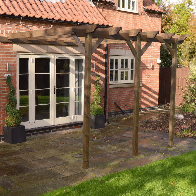 Wall Mounted Garden Pergola - Rustic Brown - 4.2m Depth x 6.6m Length