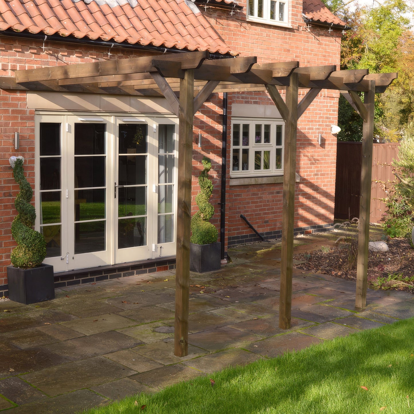 Wall Mounted Garden Pergola - Rustic Brown - 2.4m Depth x 4.2m Length