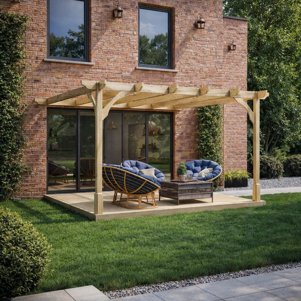 Wall Mounted Premium Pergola with Decking - Light Green - 4.8m Depth x 4.8m Length