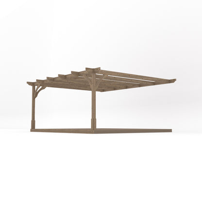 Wall Mounted Premium Pergola with Decking - Rustic Brown - 4.8m Depth x 4.8m Length