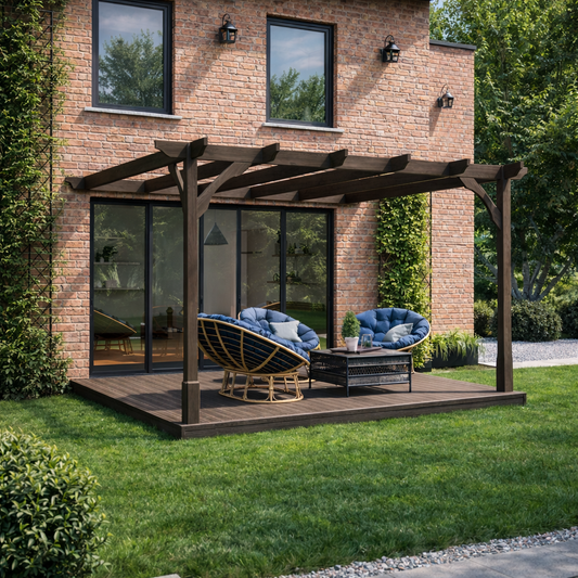 Veranda | Timber Premium Veranda | Integrated Decking Base | Wall Mounted Garden Structure | Rustic Brown | 3m Depth x 3m Length