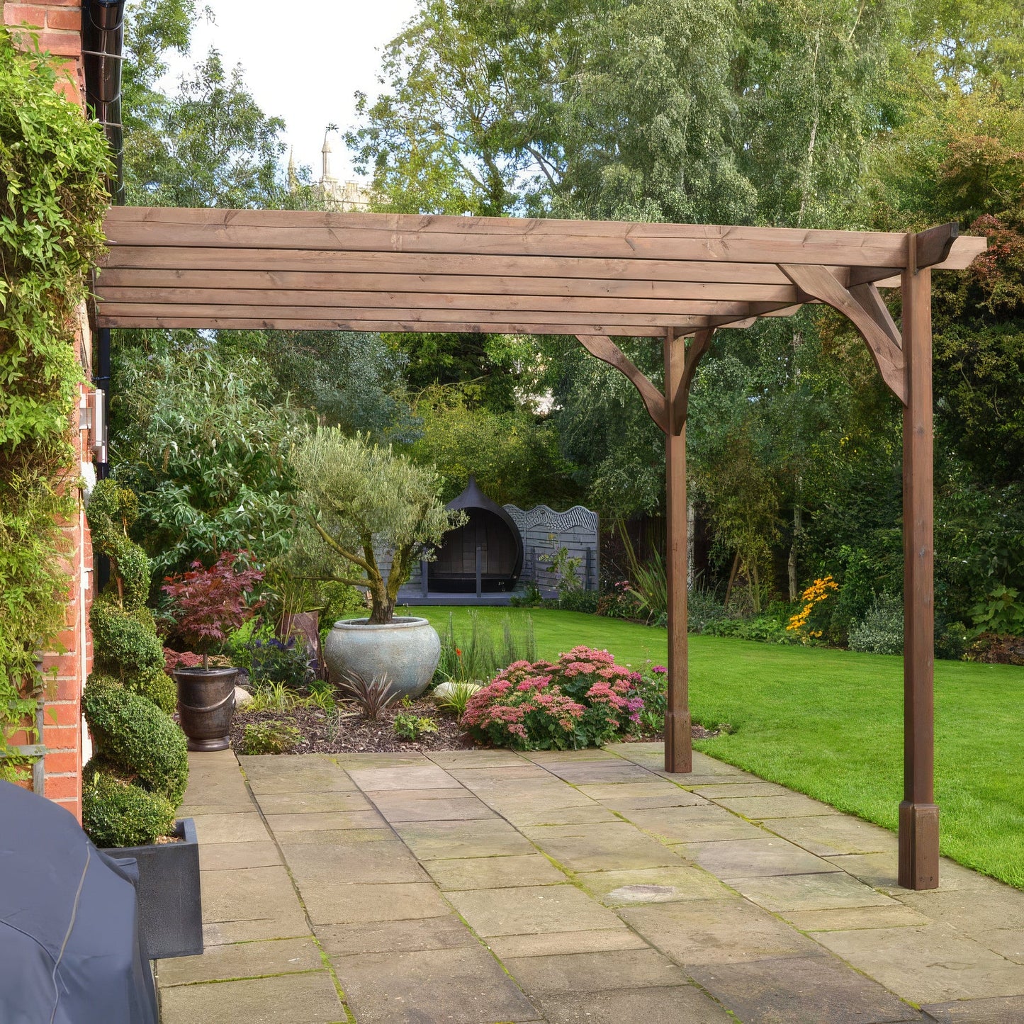 Wall Mounted Premium Pergola - Rustic Brown - 4.2m Depth x 4.2m Length