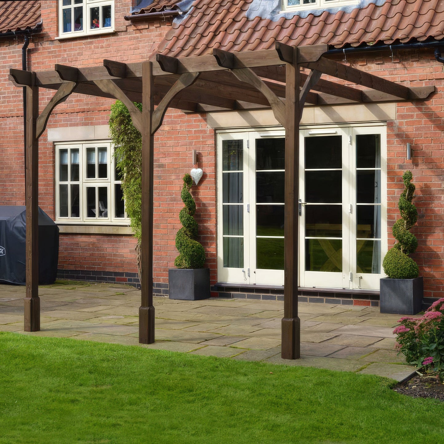 Wall Mounted Premium Pergola - Rustic Brown - 2.4m Depth x 5.4m Length