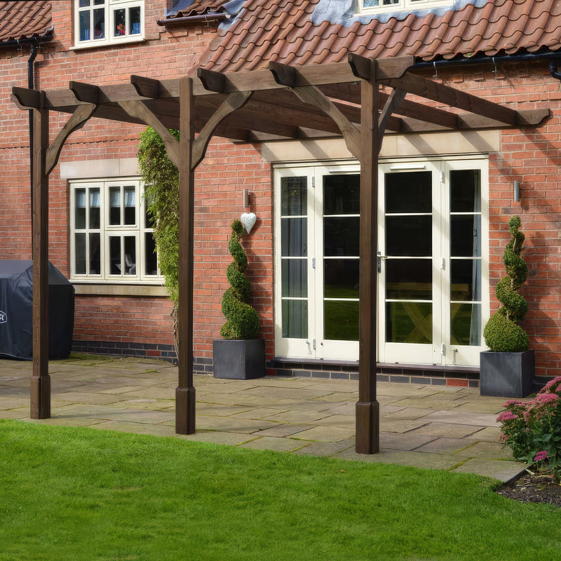 Wall Mounted Premium Pergola - Rustic Brown - 4.2m Depth x 7.8m Length