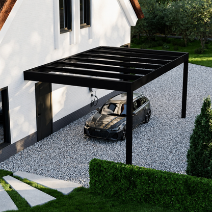 Rimessa carport in black on a contemporary home driveway, oblique angle