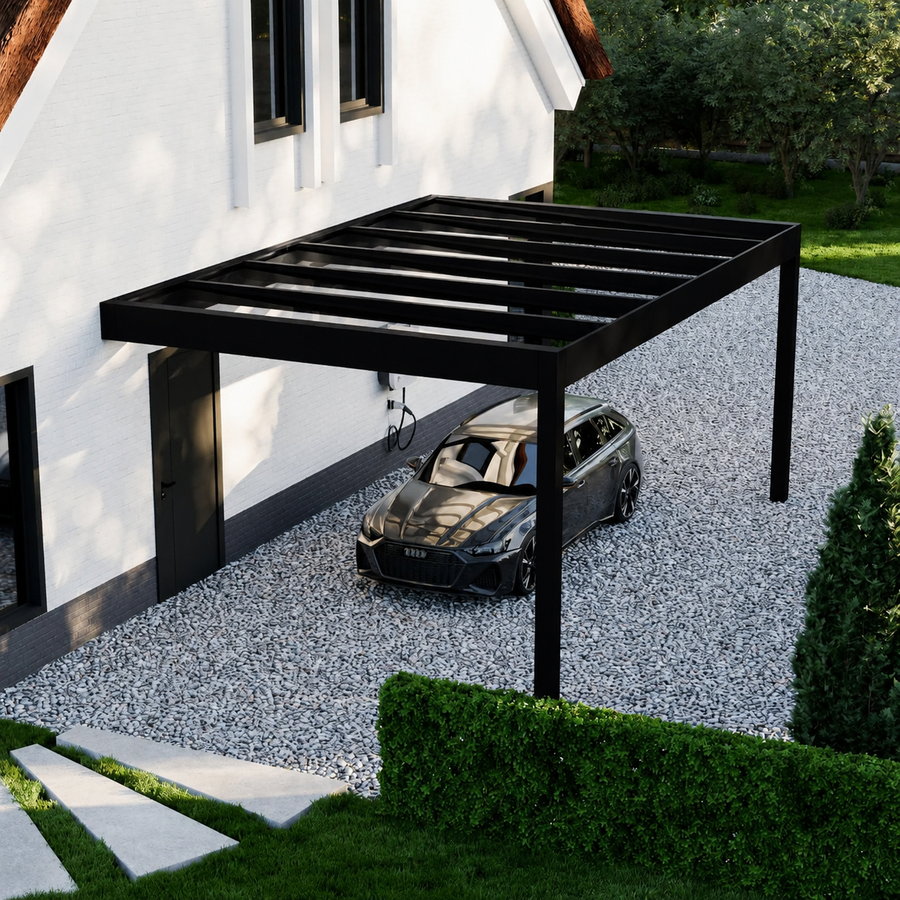 Rimessa carport in black on a contemporary home driveway, oblique angle