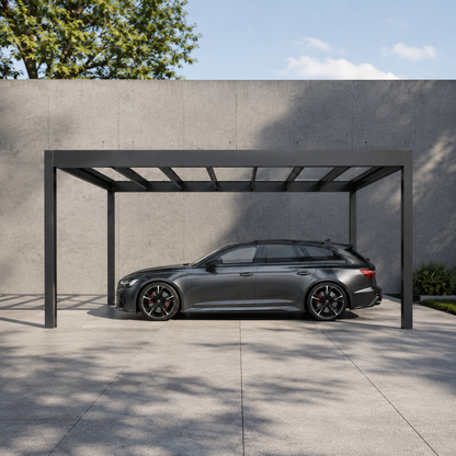 The Rimessa glass roof aluminium carport in anthracite freestanding on a modern driveway
