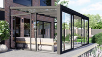 MB Wedge Gable Infill by Roma Verandas - anthracite grey ral 7016 left sliding glass door wedge right sliding glass door wedge sliding glass door open